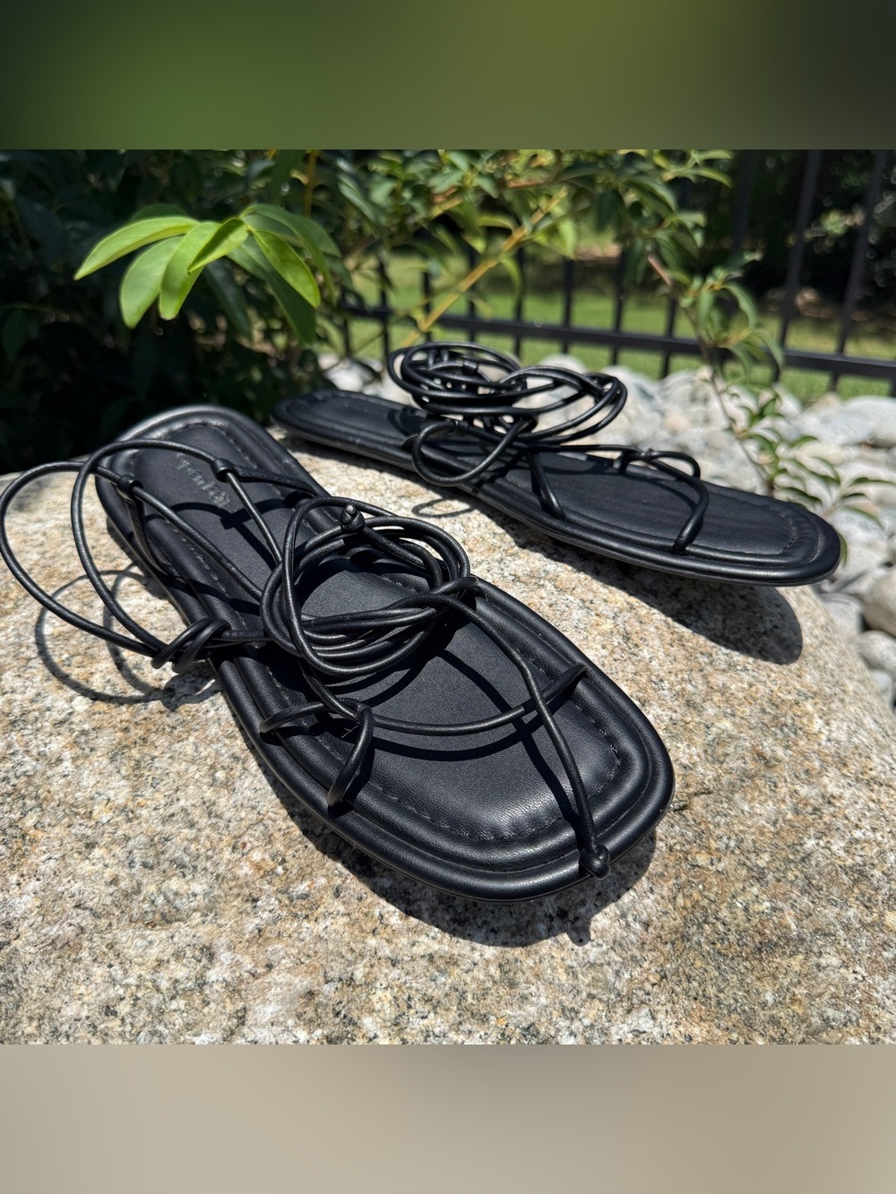 Open Edit Black Lace Up Wrap Flat Sandals Minimalist Square Toe Women 8.5 Summer